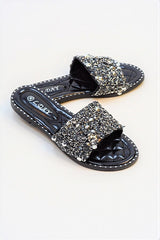 Black Embellished Slip On Sandals
