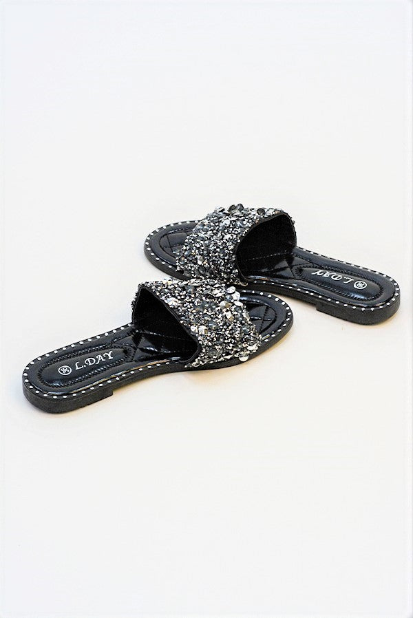 Black Embellished Slip On Sandals