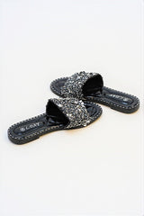 Black Embellished Slip On Sandals
