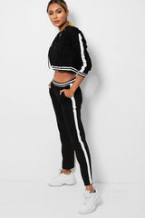 Black Lace Up Striped Hem Crop Top Loungewear Set