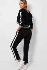 Black Lace Up Striped Hem Crop Top Loungewear Set