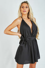 Black Open Back Satin Halter Tie Playsuit