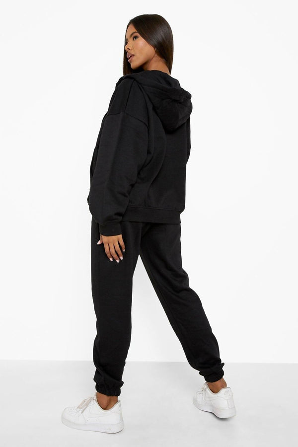 Black Zip Up Hoodie With Cuffed Jogger Set