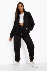 Black Zip Up Hoodie With Cuffed Jogger Set
