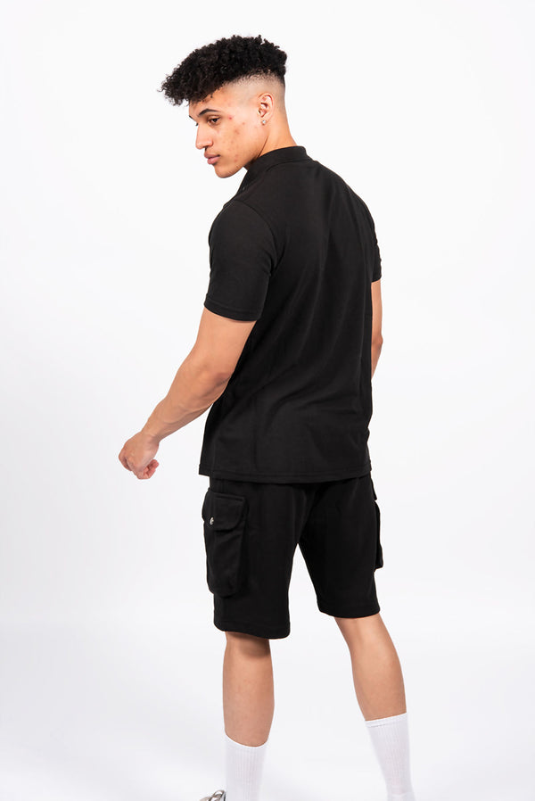 Black Pique Polo and Cargo Short Set 