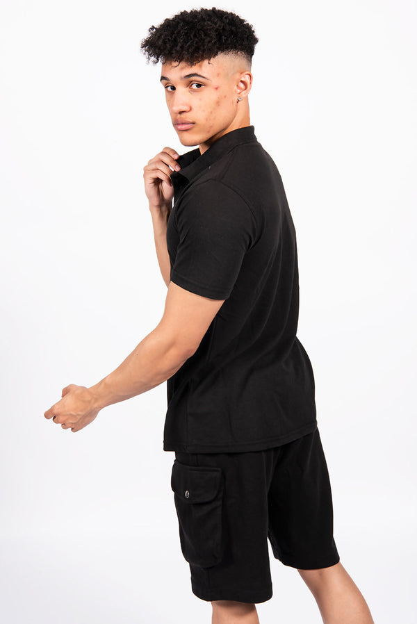 Black Pique Polo and Cargo Short Set 