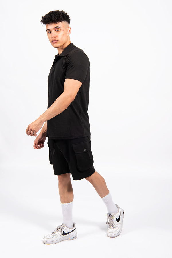 Black Pique Polo and Cargo Short Set 