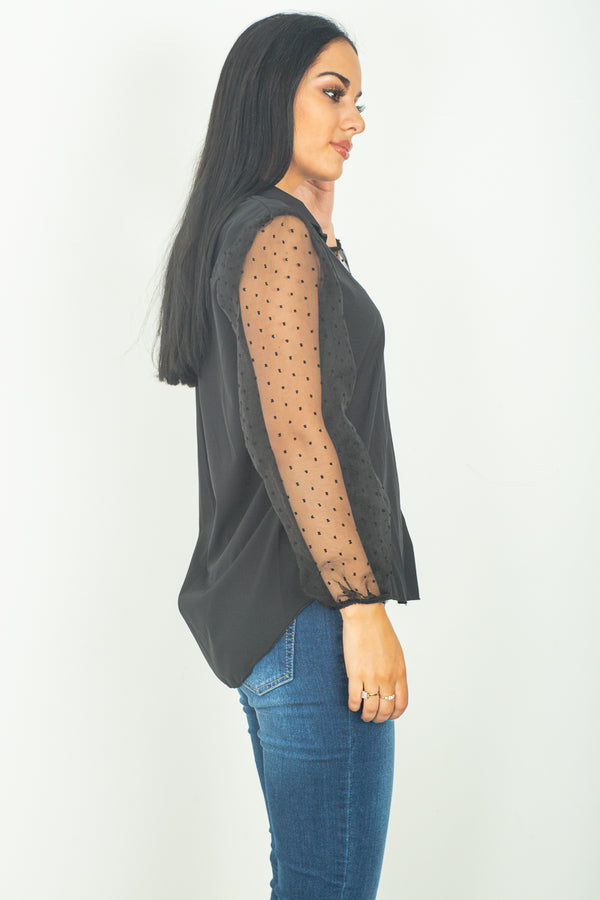 Black Polka Dot Mesh Puff Sleeves Top