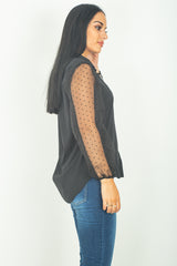 Black Polka Dot Mesh Puff Sleeves Top