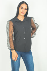 Black Polka Dot Mesh Puff Sleeves Top