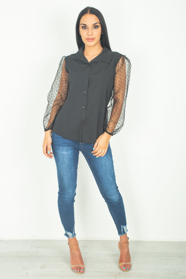 Black Polka Dot Mesh Puff Sleeves Top