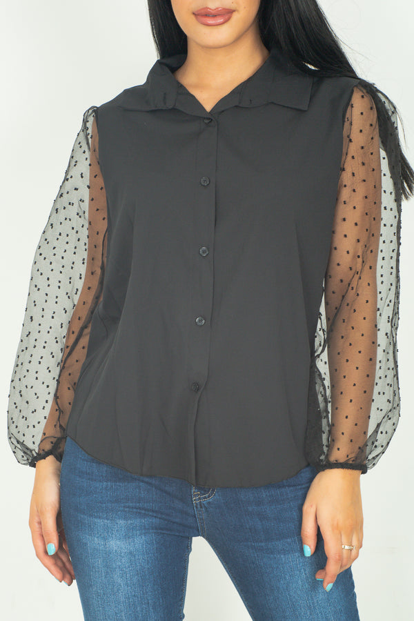 Black Polka Dot Mesh Puff Sleeves Top