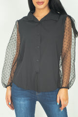 Black Polka Dot Mesh Puff Sleeves Top
