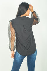 Black Polka Dot Mesh Puff Sleeves Top