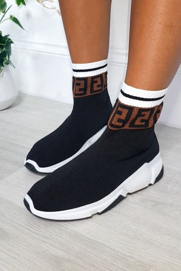 Black Printed Chunky Sock Trainers