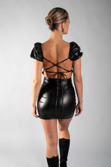 Black Puff Sleeve Lace Up Back PU Bodycon Dress