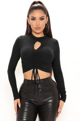 Black Ruched Keyhole Long Sleeve Top