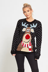 Black Rudolph Christmas Jumper With Pom Pom Detail
