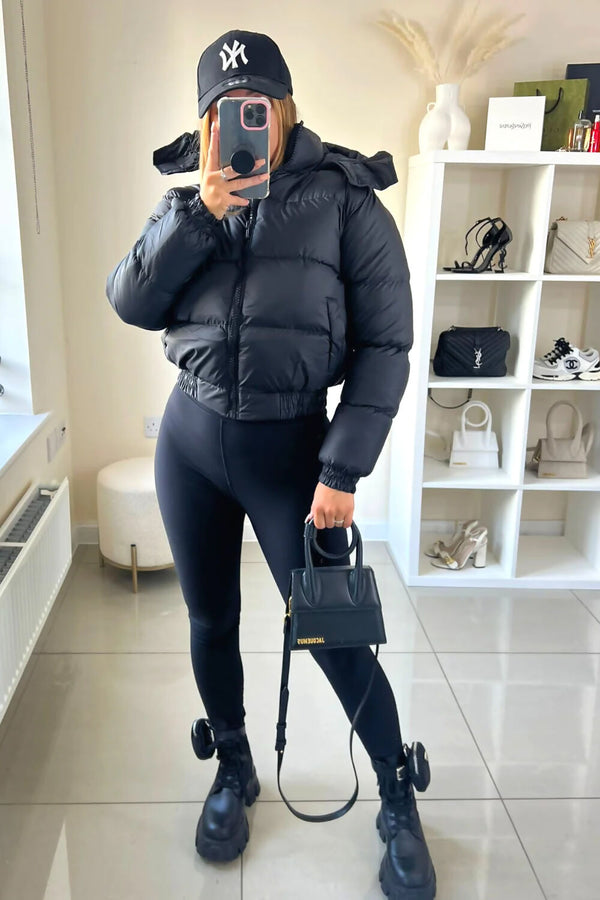 Black Short Zipper Up Hooded Puffer Coat