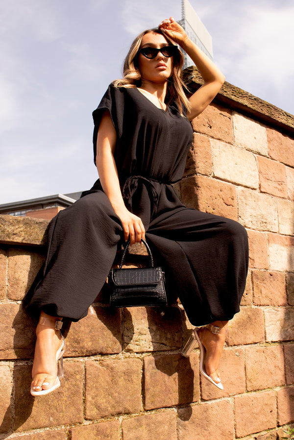 Black Tie Waist Harem Jumpsuit