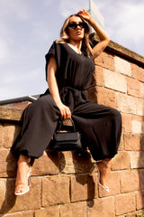 Black Tie Waist Harem Jumpsuit