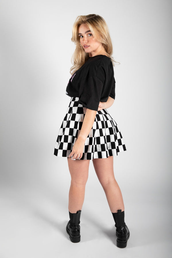 Black Check Print High Wasited Tennis Skirt 