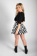 Black Check Print High Wasited Tennis Skirt 