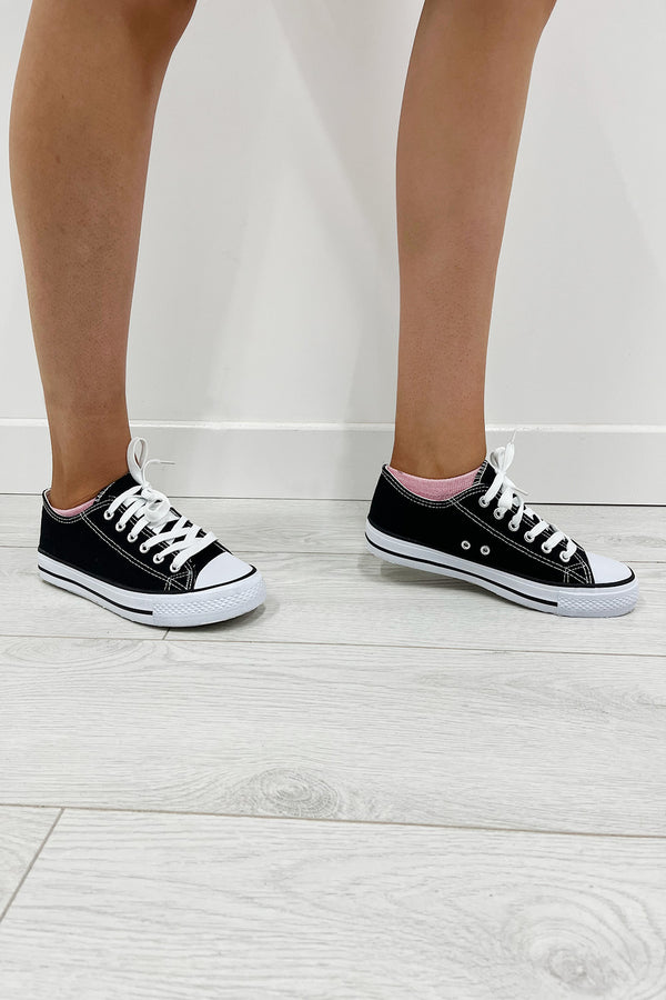 Black Canvas Stripe Sole Flat Trainers