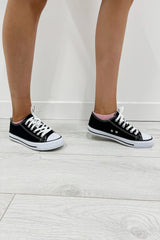 Black Canvas Stripe Sole Flat Trainers