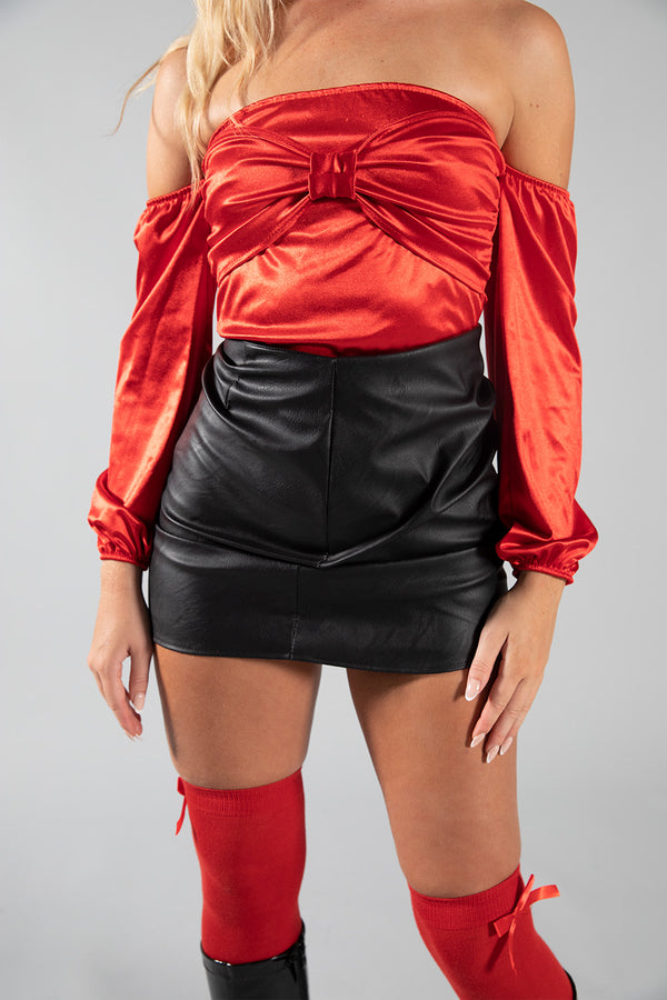 Red Satin Off The Shoulder Tie Front Bodysuit