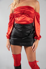 Red Satin Off The Shoulder Tie Front Bodysuit