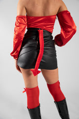 Red Satin Off The Shoulder Tie Front Bodysuit