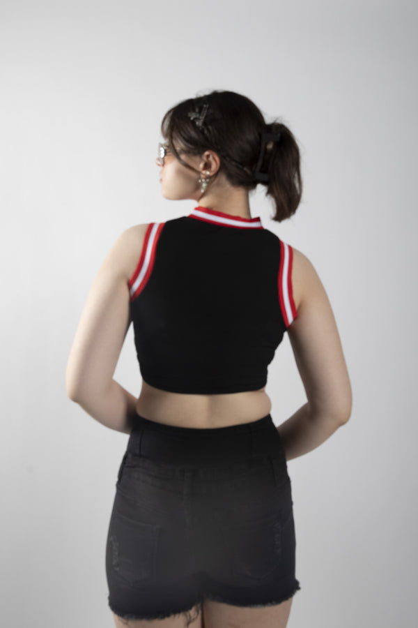 Black Cropped Ribbed Racerback Varsity Vest