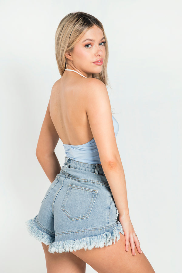 Baby Blue Slinky Spaghetti Strap Halterneck Crop Top 