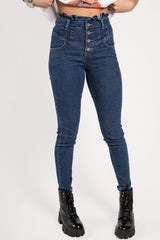Blue Button Front Paperbag Skinny Jeans