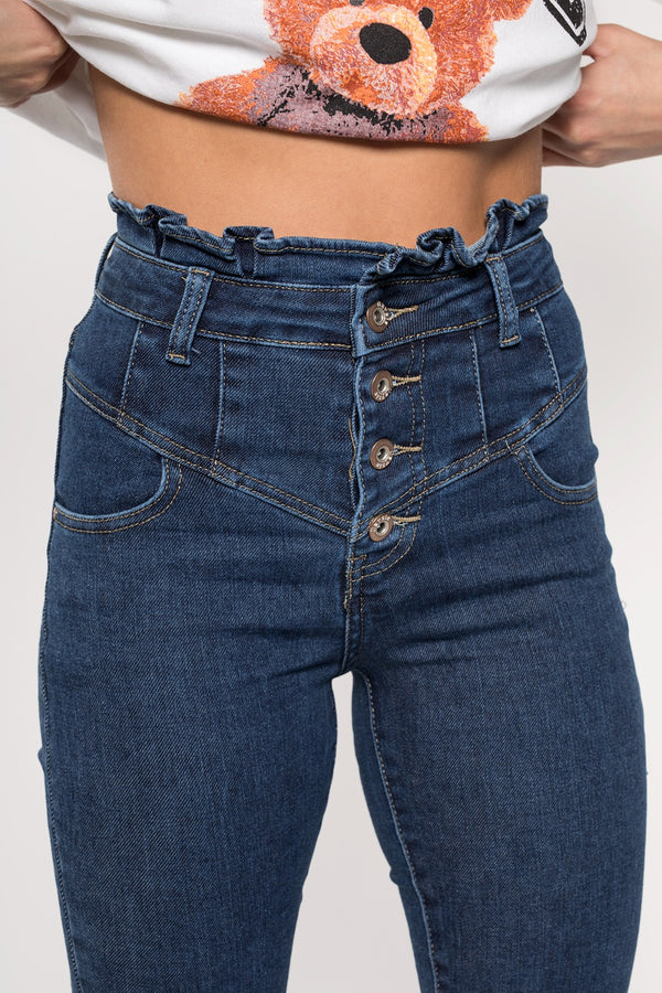 Blue Button Front Paperbag Skinny Jeans
