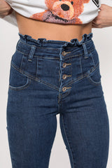 Blue Button Front Paperbag Skinny Jeans
