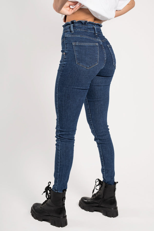 Blue Button Front Paperbag Skinny Jeans