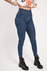 Blue Button Front Paperbag Skinny Jeans