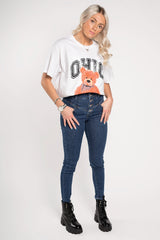 Blue Button Front Paperbag Skinny Jeans