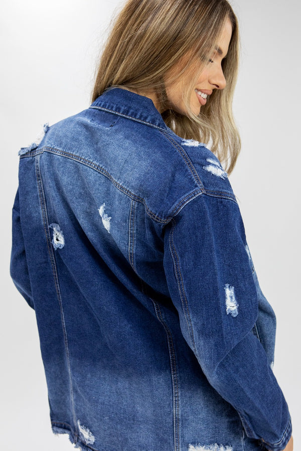 Blue Distressed Frayed Hem Denim Jacket