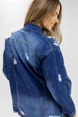 Blue Distressed Frayed Hem Denim Jacket