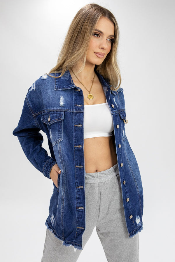 Blue Distressed Frayed Hem Denim Jacket