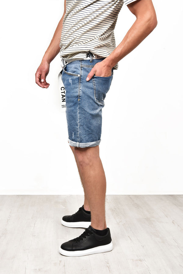 Mens Distressed Denim Shorts With Belt
