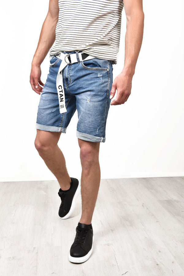 Mens Distressed Denim Shorts With Belt