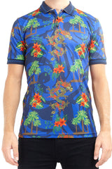Mens Blue Tropical Dragon Print Polo Shirt