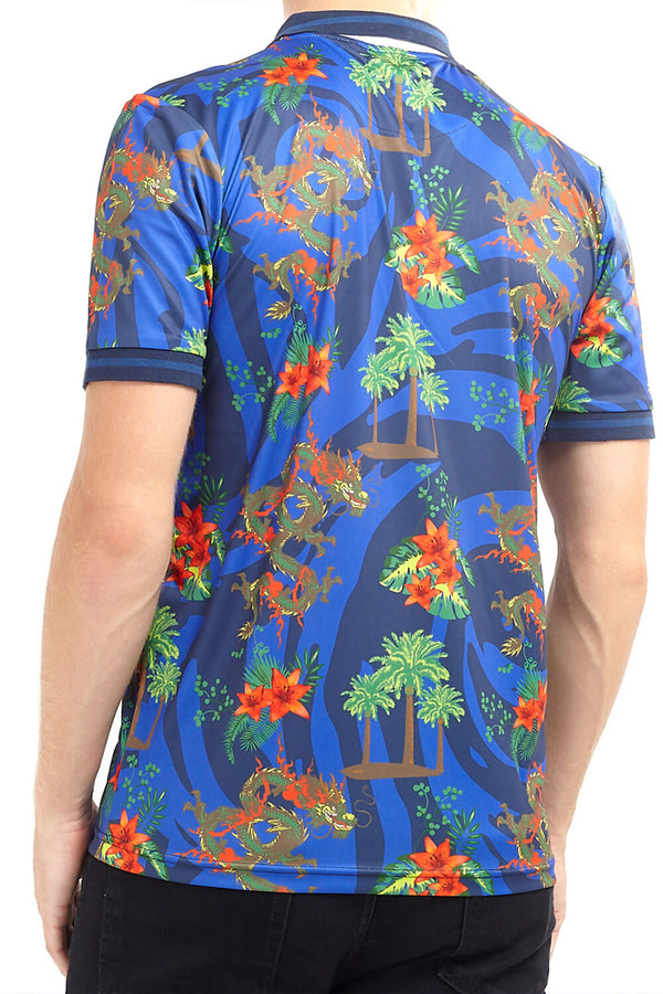 Mens Blue Tropical Dragon Print Polo Shirt