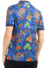 Mens Blue Tropical Dragon Print Polo Shirt