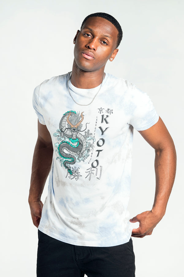Mens Blue Tie Dye Dragon Print Graphic T-Shirt