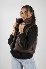 Brown Faux Leather Cropped Gilet